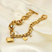 18K Gold Plated OT Buckle Cubic Zircon Heart Stainless Steel Chunky Cuban Chain Bracelet