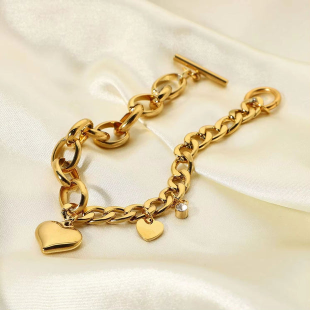 18K Gold Plated OT Buckle Cubic Zircon Heart Stainless Steel Chunky Cuban Chain Bracelet