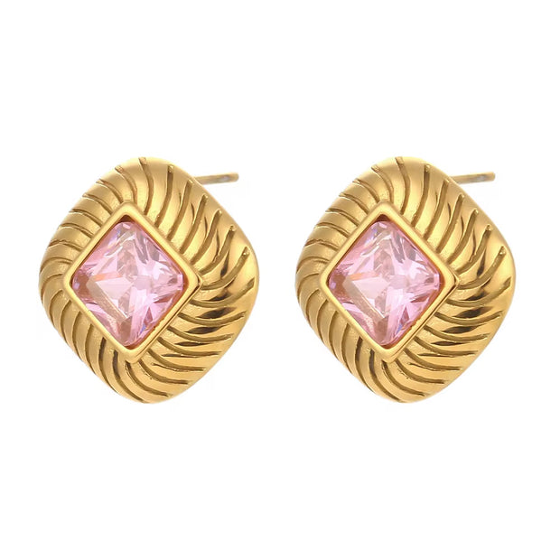 Vintage Texture Rhombus Zircon Stud Earrings Stainless Steel Statement Earring 2024 Gold Plated Earrings
