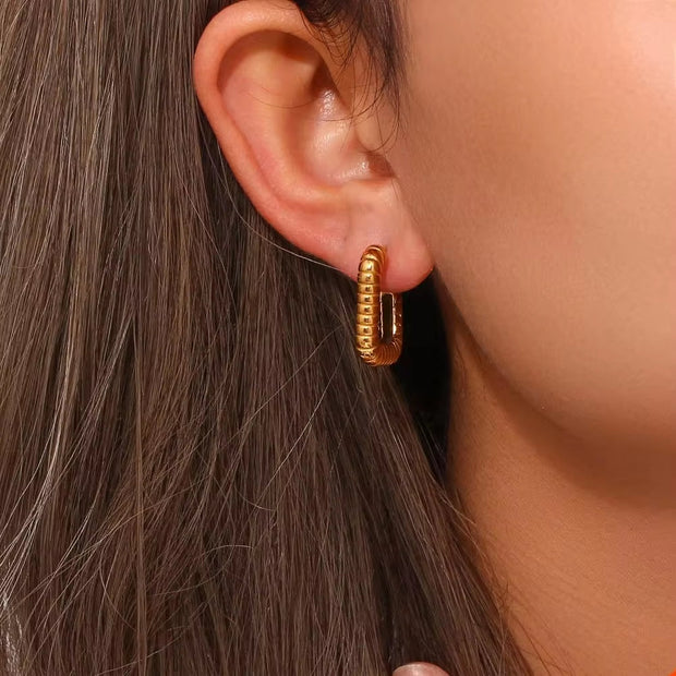 Vintage Gold Plated Texture Geometric Hoop Earring Non Tarnish 316L Stainless Steel Hoop Earring