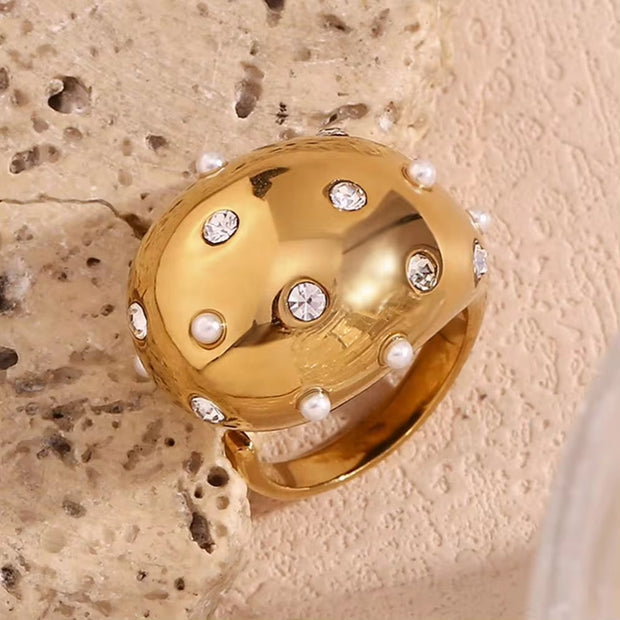 Water Drop Open Ring Colorful Crystal Rhinestone Pearl Ring Gold Plated Jewelry Stainless Steel Jewelry Custom