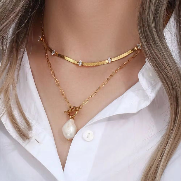 18K Gold Plated Baroque Fresh Water Pearl Paper Clip Chain Stainless Steel Pendant Necklace