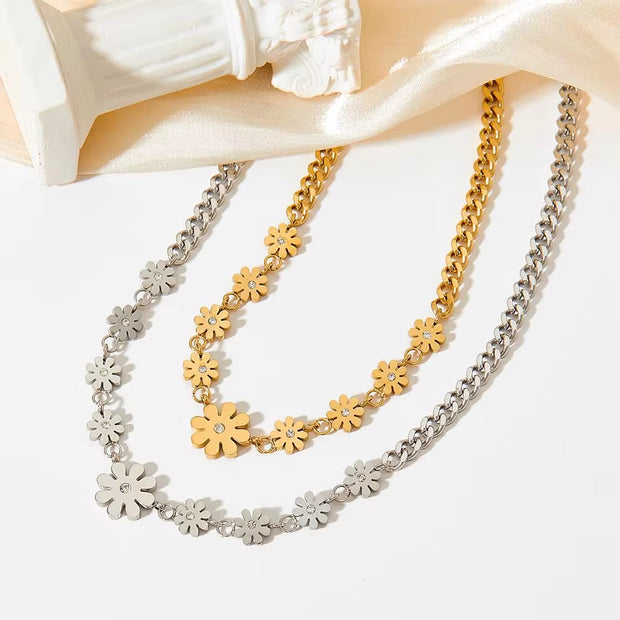18K Gold Plated Stainless Steel Cuban Chain Jewelry Gift Daisy Flower Pendants Choker Necklace for Women