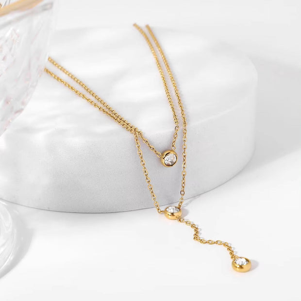 18K Gold Stainless Steel Y Shaped Dainty Chain Double Layer Shiny Cubic Zirconia Lariat Necklaces