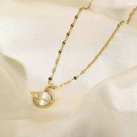 Women Jewelry Zircon Planet Eearth Cat Eye Opal Stone Pendant Necklaces 18K Gold Chain Choker Stainless Steel Necklace