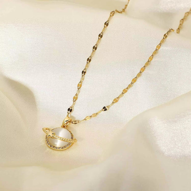 Women Jewelry Zircon Planet Eearth Cat Eye Opal Stone Pendant Necklaces 18K Gold Chain Choker Stainless Steel Necklace