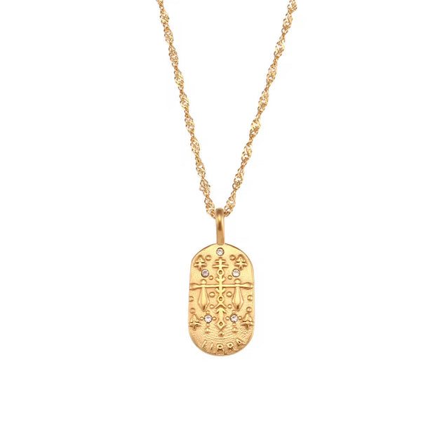 Vintage Embossment 12 Zodiac Signs Zircon Pendant Necklace 18K Gold Plated Stainless Steel Necklace for Women