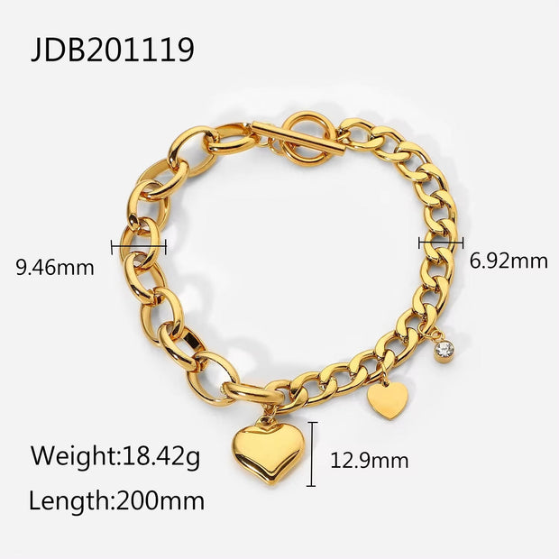 18K Gold Plated OT Buckle Cubic Zircon Heart Stainless Steel Chunky Cuban Chain Bracelet
