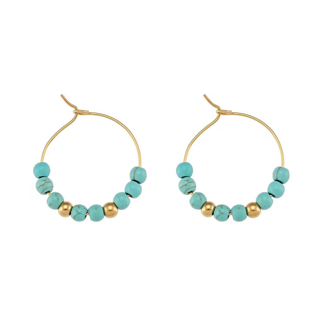 Vintage Natural Stone Earring Beaded Gold Plated Stainless Steel Hoop Earring Handmade Beaded Earrings