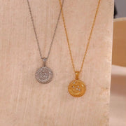 Vintage round Sunburst Texture Moon Star Zircon Pendant Necklace Stainless Steel Necklace Design Jewelry