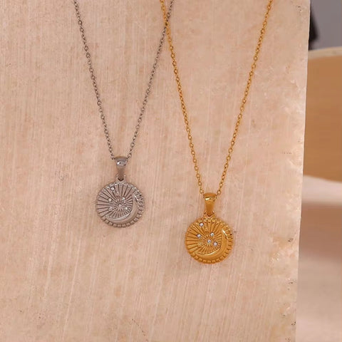 Vintage round Sunburst Texture Moon Star Zircon Pendant Necklace Stainless Steel Necklace Design Jewelry