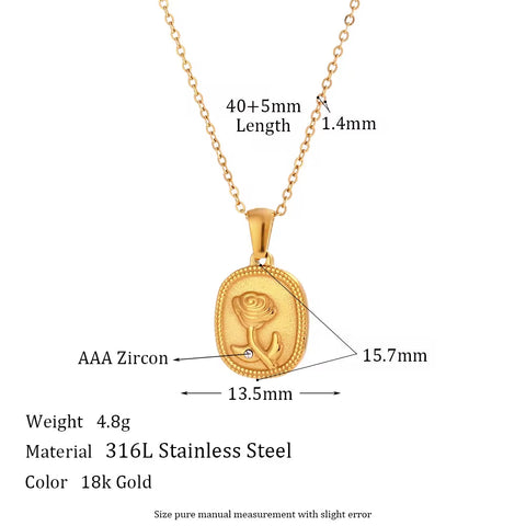 Valentines Day Gift Wholesale Dainty Engraved Rose Pendant Necklace Gold Plated Stainless Steel Necklace