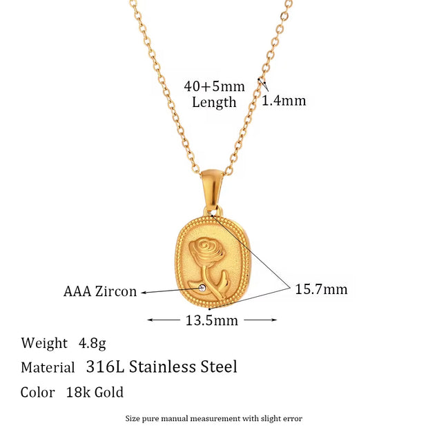 Valentines Day Gift Wholesale Dainty Engraved Rose Pendant Necklace Gold Plated Stainless Steel Necklace