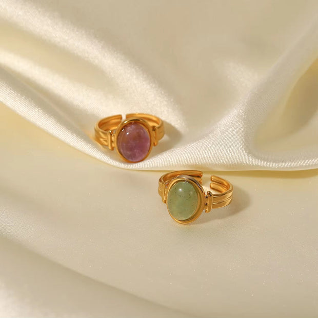18K Gold Plated Stainless Steel round Natural Green Purple Stone Adjustable Rings for Women