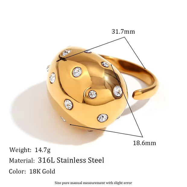 Water Drop Open Ring Colorful Crystal Rhinestone Pearl Ring Gold Plated Jewelry Stainless Steel Jewelry Custom