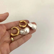 Vintage Baroque Pearl Charms Hypoallergenic Tarnish Free Stainless Steel Gold Hoop Earrings for Women