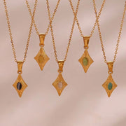 Vintage Engraved Rhombic Colorful Man-Made Opal Pendant Necklace 18K Gold Plated Stainless Steel Necklace Design Jewelry
