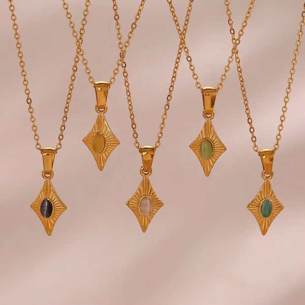 Vintage Engraved Rhombic Colorful Man-Made Opal Pendant Necklace 18K Gold Plated Stainless Steel Necklace Design Jewelry