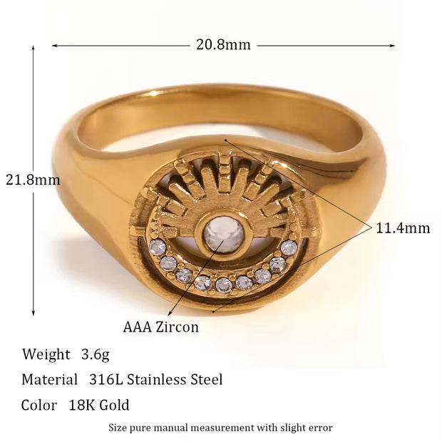 Vintage AAA Zircon Engraved Sun Moon Engagement Ring 18K Gold Plated Stainless Steel Signet Rings Jewelry Women