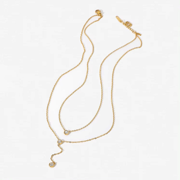 18K Gold Stainless Steel Y Shaped Dainty Chain Double Layer Shiny Cubic Zirconia Lariat Necklaces