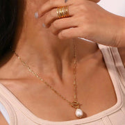 18K Gold Plated Baroque Fresh Water Pearl Paper Clip Chain Stainless Steel Pendant Necklace