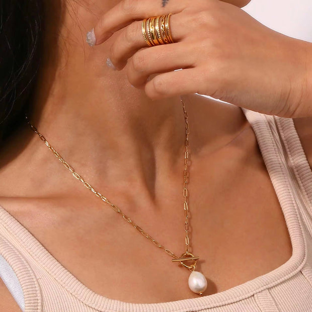 18K Gold Plated Baroque Fresh Water Pearl Paper Clip Chain Stainless Steel Pendant Necklace