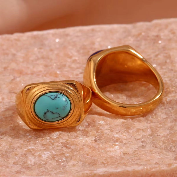 Vintage Water Proof Jewelry Gemstone Signet Rings PVD Gold Plated Stainless Steel Statement Ring