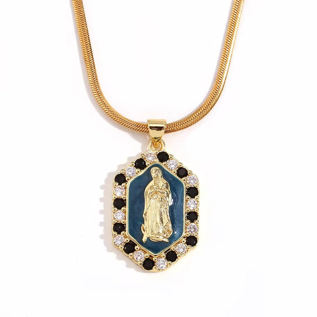 Valentine'S Day Jewelry Shining Zircon Virgin Mary Enamel Necklace Gold Plated Jewelry Stainless Steel Pendant Necklace