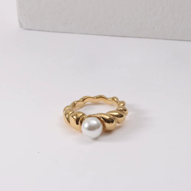 Waterproof Statement 18K Gold Plated Big Fresh Water Pearl Twisted Ring Chunky Twist Rope Chain Stainless Steel Ring